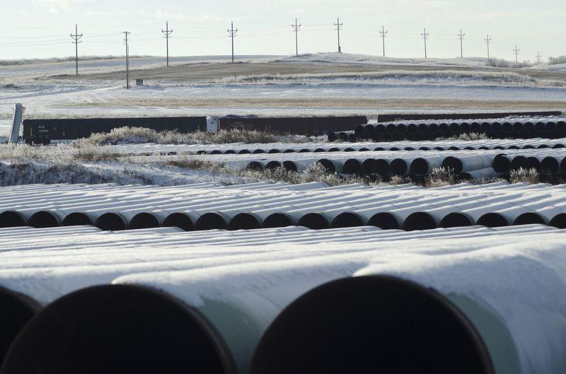 A depot used to store pipes for Transcanada Corp's planned Keystone XL oil pipeline is seen in Gascoyne North Dakota