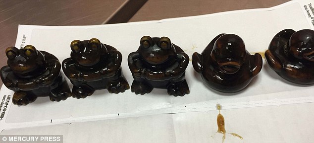 It was later revealed that the dog had in fact ate these three small frog and two small duck ornaments  