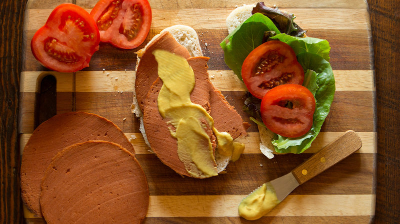 No need to wonder what's in this bologna; The Herbivorous Butcher lists every ingredient on its website: Tofu, vital wheat gluten, tomato juice, tapioca flour, tomato paste, nutritional yeast, vegan beef bouillon, canola oil, soy sauce, agar agar, red beet powder, sugar, salt, liquid smoke, onion powder, garlic powder and celery seed.