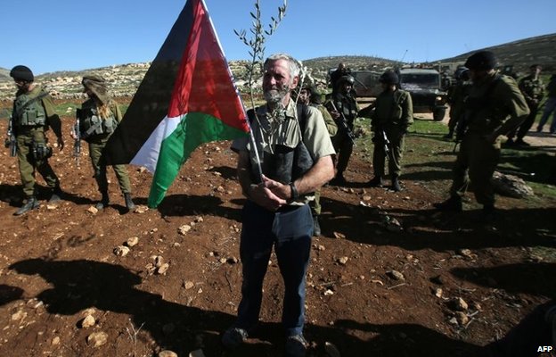 A protester carries an olive tree sapling he had planned to plant on a patch of land near the Jewish settlement of Shilo in the West Bank (10 December 2014)