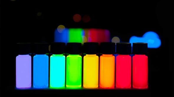 Example of quantum dots with vivid colours stretching from violet to deep red