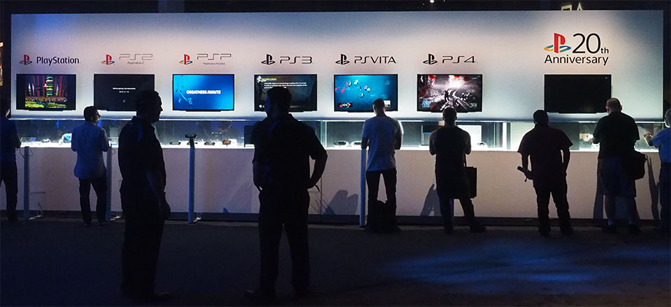 20 Years of PlayStation game consoles lined up at PlayStation Experience 2014 in Las Vegas Nevada (Ben Gilbert/Engadget)