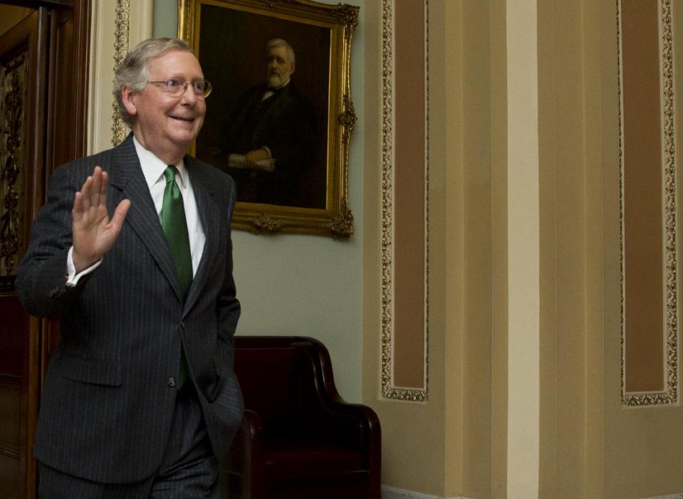 Senate Majority Leader Mitch McConnell, R-Ky., leaves the Senate floor on Capitol Hill in Washington, Monday, Feb. 23, 2015, following a cloture vote....