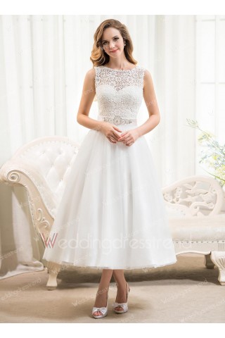 Terse A-Line Scoop Tea-Length Tulle and Lace Wedding Dress