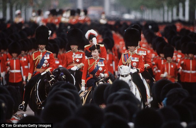 Familiar sight: The Queen riding her much-loved horse Burmese during Trooping the Colour