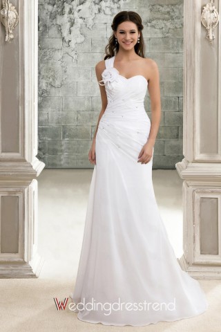 Great A-Line One Shoulder Sweep Train Chiffon Beach Wedding Dress