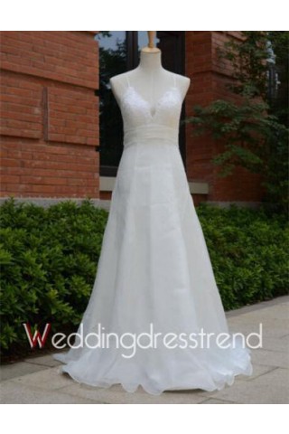 Elegant A-Line V neck Sweep Train Organza Beach Wedding Dress