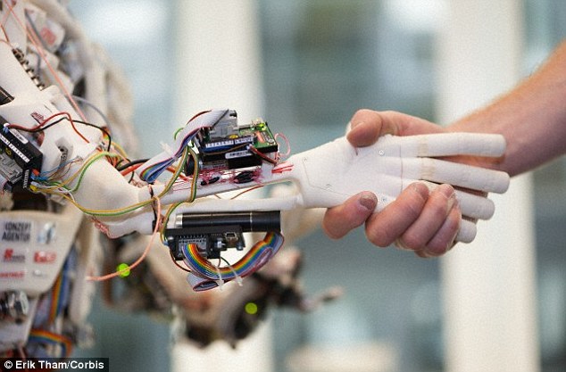 Will humans and robots ever be able to co-exist? Teaching a robot right from wrong might turn out to be more difficult than we think, even if we were to program them with sets of pre-determined ethical instructions such as the Geneva Convention. Shown is humanoid robot Roboy shaking hands in June 2013