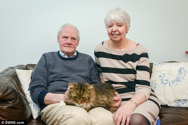 He's back: Margaret and John Ross with their 19-year-old cat Amigo - who they thought they had cremated