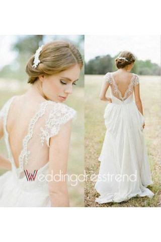 Pretty A-Line V-neck Sweep Train Chiffon Beach Wedding Dress