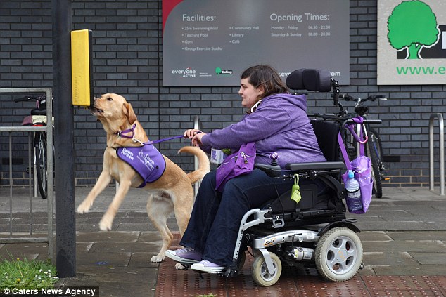 Griffin helps Clare Sylversten cross the road, pushing the buttons for her at crossings