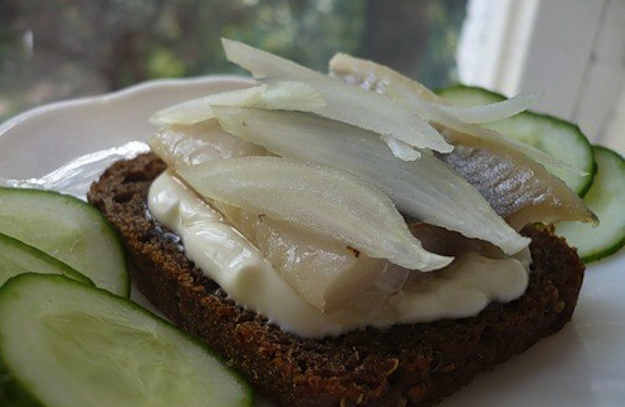 Herring, mayo and pickle sandwich