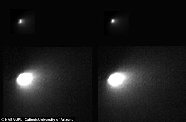 These images were taken of comet C/2013 A1 Siding Spring by Nasa's Mars Reconnaissance Orbiter on 19 October 2014 during the comet's close flyby of Mars and the spacecraft. It is the highest-resolution image of a comet that heralds from the Oort Cloud at the edge of the solar system ever taken