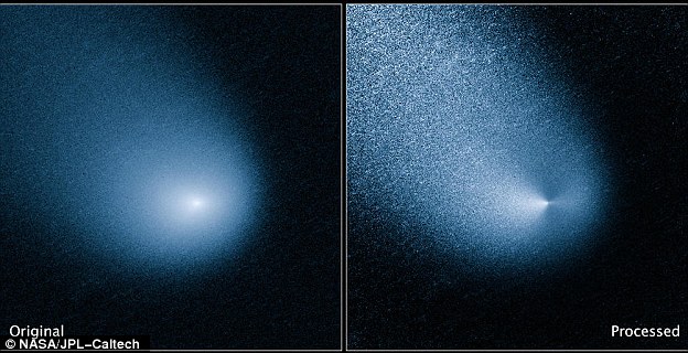 The images above show - before and after filtering - comet C/2013 A1, also known as Siding Spring, as captured by Wide Field Camera 3 on NASA's Hubble Space Telescope.