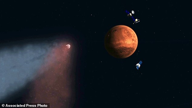 This handout artist's concept provided by NASA/JPL shows the Comet Siding Spring approaching Mars. When Comet Siding Spring skimmed the red planet, tons of comet dust bombarded the Martian sky with thousands of fireballs an hour. It warped the Martian atmosphere leaving all sorts of metals and an eerie yellow afterglow. (AP Photo/NASA/JPL)