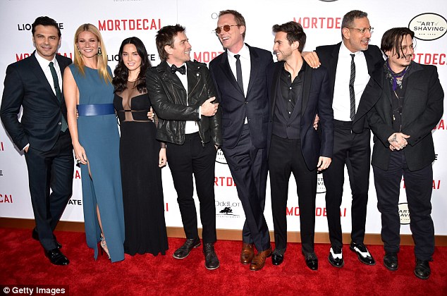 Starry line-up: The Mortdecai cast, from left, Jonny Pasvolsky, Gwyneth Paltrow, Olivia Munn, Ewan McGregor, Paul Bettany, Guy Burnet, Jeff and Johnny Depp at the Hollywood premiere