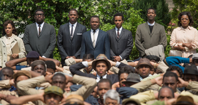 Background left to right: Tessa Thompson plays Diane Nash, Omar Dorsey plays James Orange, Colman Domingo plays Ralph Abernathy, David Oyelowo plays Martin Luther King, Jr., AndrÃ© Holland plays Andrew Young, Corey Reynolds plays Rev. C.T. Vivian, and Lorraine Toussaint plays Amelia Boynton in SELMA, from Paramount Pictures and PathÃ©.