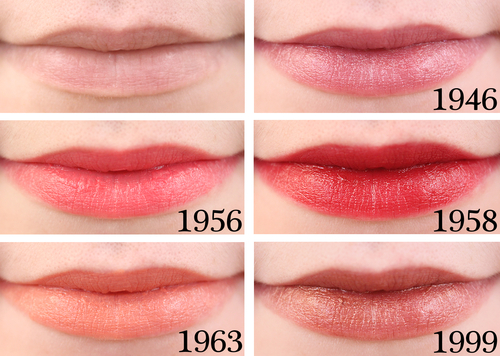 Revlon Super Lustrous Legacy Lipstick Swatches 1946 Icy Violet, 1956 Snow Peach, 1958 Fifth Avenue Red, 1963 Jungle Peach, 1999 Sandstorm