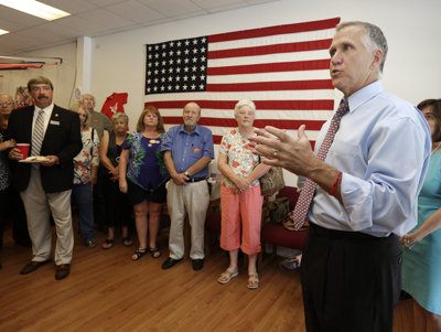 North Carolina House Speaker Thom Tillis speaks at a rally at the Buncombe County Republican headquarters in Asheville, N.C., on August 29, 2014.&nbsp; (Chuck Burton/AP Photo)